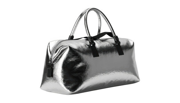 Sleek silver duffel bag with straps and handle isolated on white background p n g a i generated black straps