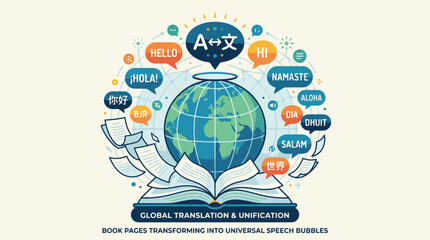Vector illustration of an open book with pages transforming into multilingual speech bubbles and greetings surrounding a globe, representing global translation and communication. © Muhammad