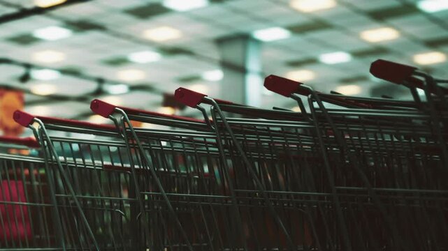 People get ready to shop at a local store. A row of shopping carts waits in the parking lot. Customers will use the carts to carry their groceries and other items.