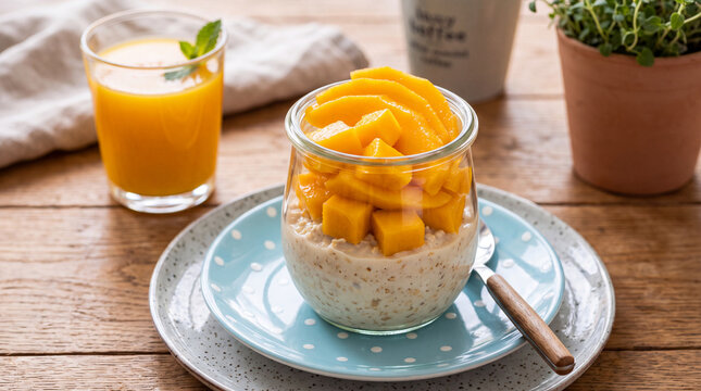 Overnight oats or yogurt parfait layered with mango chunks served on a rustic table with fresh orange juice and a green plant.