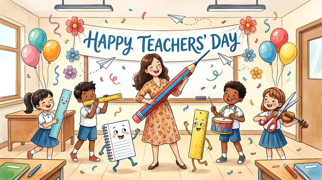 Happy teachers day watercolor illustration of female teacher holding giant pencil in classroom with students