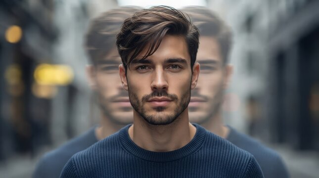 Young handsome man with beard and brown hair standing on city street looking at camera. Blurred clones of same man behind