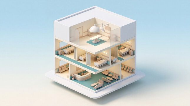 Isometric 3D cutaway illustration of a modern multi-story residential building showing furnished rooms, interior spaces, and architectural structure in a clean contemporary style.