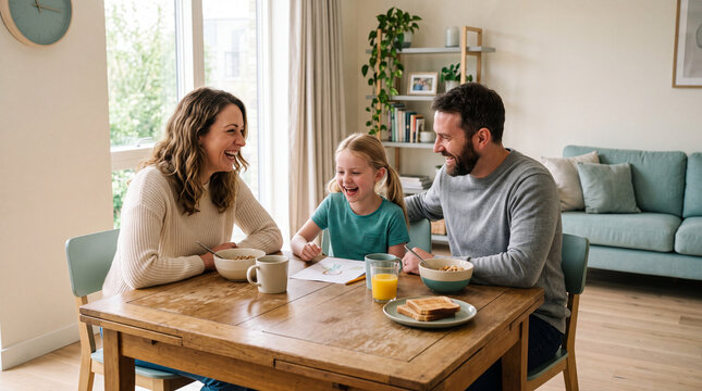 Parents and their child enjoying breakfast together at a wooden table in a bright cozy living room, warm family lifestyle photography.