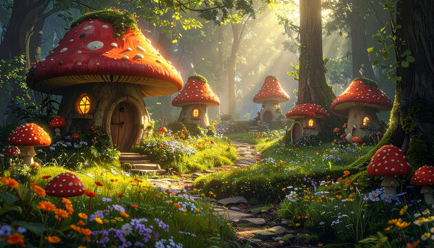 Enchanted mushroom houses in a sunlit fairytale forest glade
