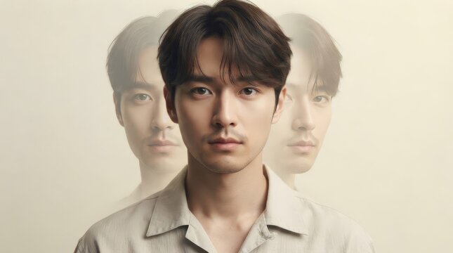 Young asian man with faded duplicate reflections of face looking at camera. Creative multiple exposure portrait of guy on light background. Identity and psychology concept
