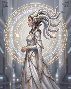 Detailed digital fantasy illustration of an elegant armored queen character with flowing hair, ornate magical background artwork.