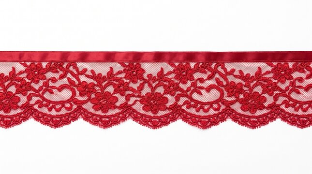 Red floral lace trim with satin border on white background