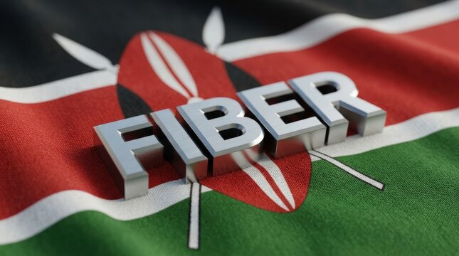 High-quality 3D fiber text graphic on Kenya flag backdrop ideal for telecom marketing, internet service ads, or tech presentations with vibrant colors and sharp details.