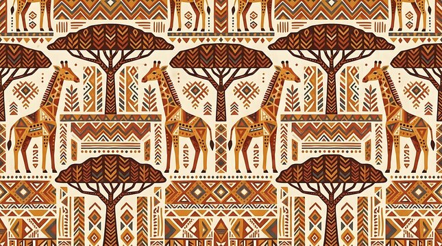 Intricate African Geometric Pattern with Giraffe Motifs for Textile Design