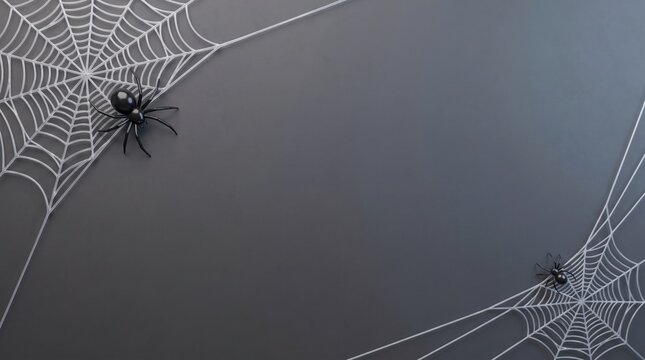 Spooky halloween spider web 3d composition with dark background and black spiders