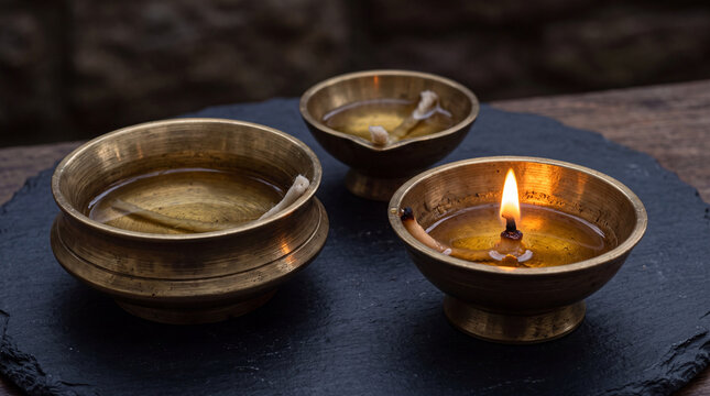 Close up of traditional brass diya oil lamps with glowing flames on a dark surface, symbolizing Diwali festival and spiritual light.