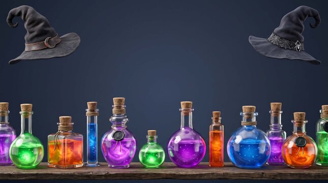 Row of colorful magic potion bottles with witch hats on a dark background for halloween celebration