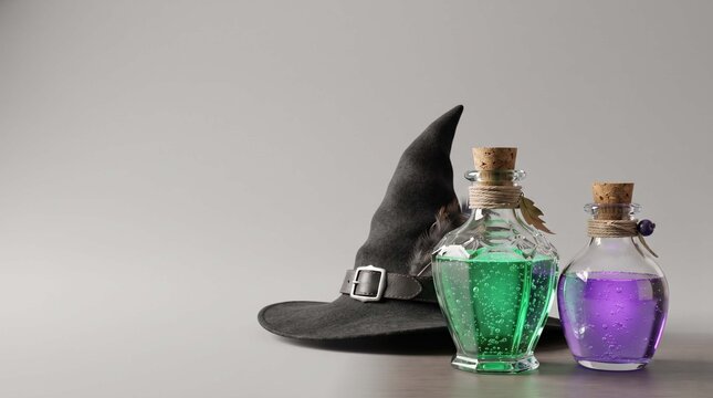 Black witch hat with glass bottles of green and purple magic potions on a grey background