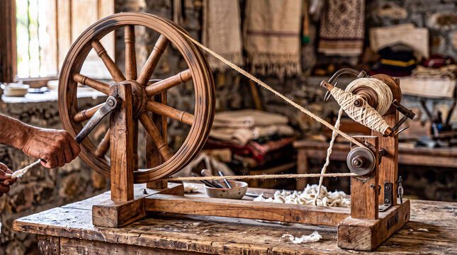 Vintage wooden spinning wheel or charkha used for traditional handloom weaving, rustic craft workshop with cotton thread and textiles.
