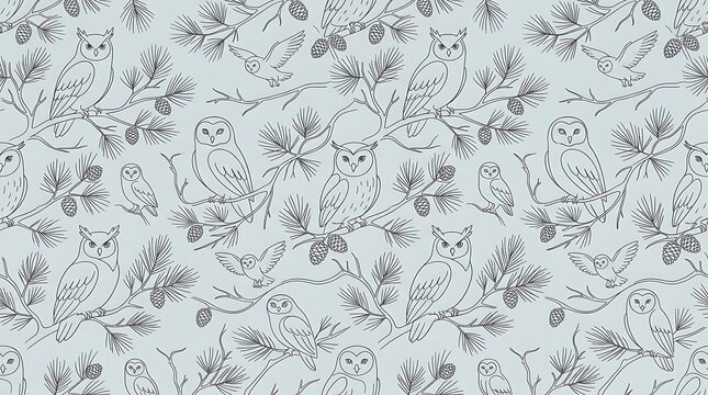 Snowy owl flock perched on frosted pine branches seamless winter pattern texture background