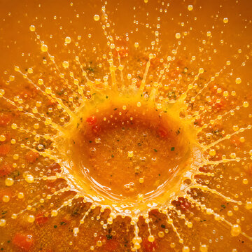 Orange liquid splash creates crown shape with scattered drops.