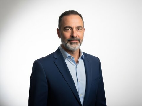 Portrait of a middleaged businessman with a beard and mustache wearing a blue suit