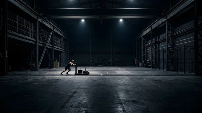 Athletic man pushing heavy weight sled in dark industrial gym warehouse