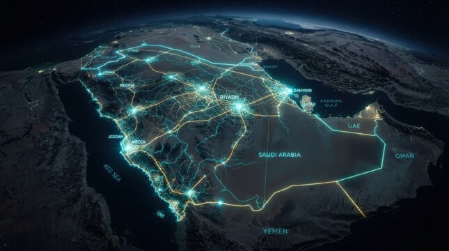 Stunning 3D illuminated map of Saudi Arabia showcasing interconnected cities and infrastructure perfect for travel marketing, geography education, or futuristic backdrop designs.