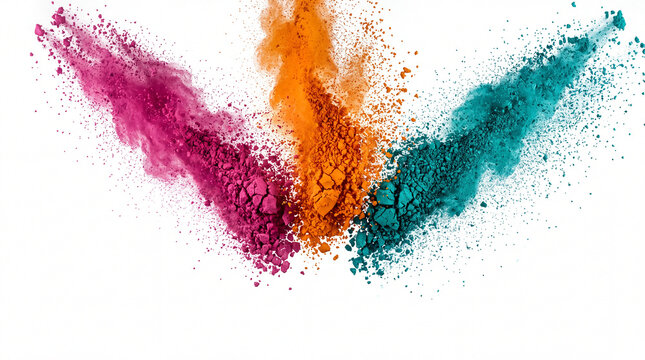 Dynamic explosion of vibrant pink, orange and teal colored powder clouds on a white background, Holi festival celebration concept.