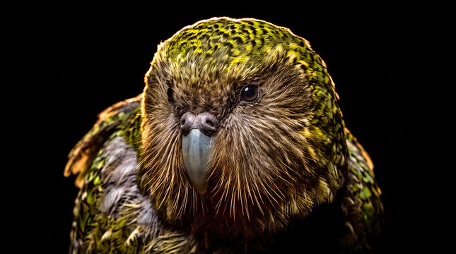 Detailed close up portrait of an exotic green feathered parrot with textured plumage against a dramatic black background, wildlife photography.