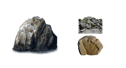 Natural grey stone boulder with rough texture and detailed mountain rock formations collection isolated for landscape design and nature projects © Peach