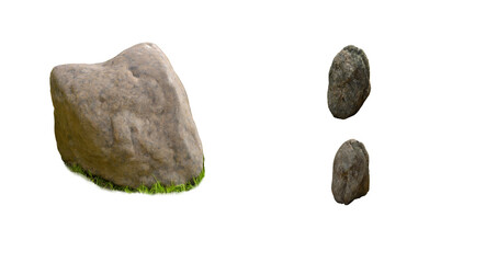 Set of three grey natural rocks with green moss isolated illustration for game design and landscape decoration elements for digital projects © Peach