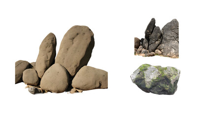 Set of natural grey and brown stones and rocks with moss isolated for landscape design and garden decor elements in a collection © Peach