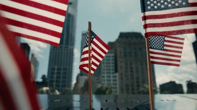 Windblown American flag close up with skyline backdrop