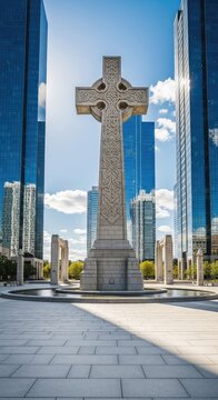 A massive stone monument in the shape of a cross stands prominently in a public plaza, surrounded by towering modern glass skyscrapers, exterior, modern, peace