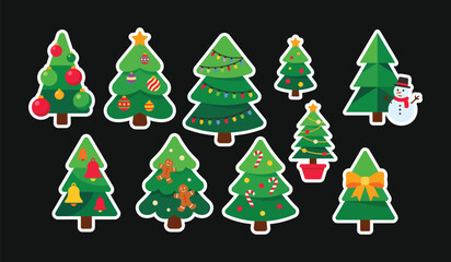 Naklejka premium Set of colorful cartoon christmas tree stickers with decorations and ornaments on a black background holiday decorations pine tree winter holiday star topper vector collection holiday graphics