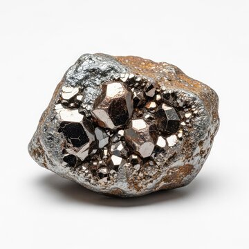 A raw piece of zinc ore mineral resting on a seamless white background, showcasing its metallic luster and rugged, crystalline structure, silver, formation, lustrous