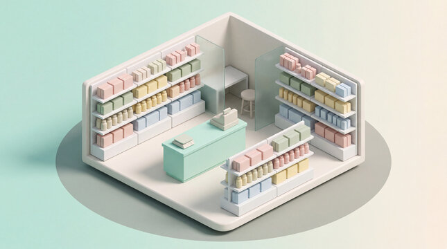 Isometric 3D architectural rendering of a modern retail store or pharmacy interior with shelving units and checkout counter, cutaway view.
