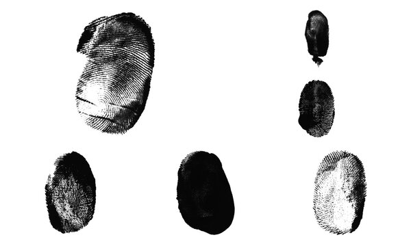 Set of black fingerprint marks and thumbprint patterns for security identification and biometric verification systems in a high contrast style
