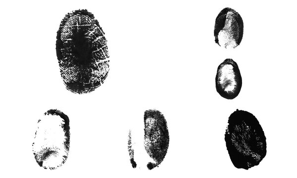 Set of black fingerprint marks and thumbprint patterns for security identification and forensic analysis in a simple flat graphic style