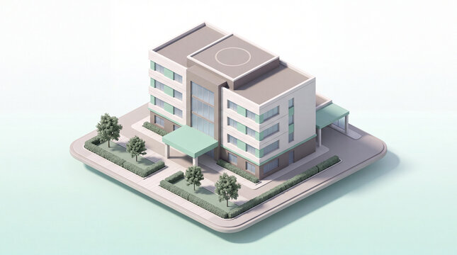 Isometric 3D architectural rendering of a modern white apartment building with landscaped garden and pathway, real estate visualization.
