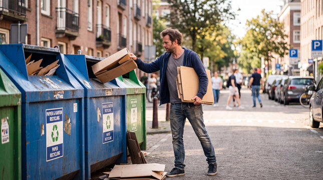 A man putting cardboard boxes into a blue paper recycling bin on a city street. Urban recycling, environmental protection, waste management, sustainable living.
