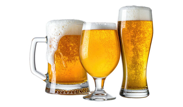 Collection of three different beer glasses with foam and bubbles isolated