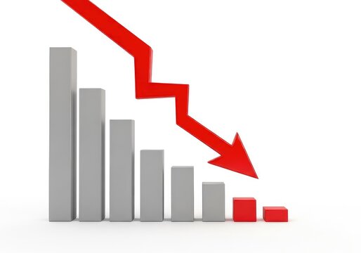 A vibrant red arrow points sharply down over a gray bar chart, symbolizing a significant market crash or economic financial downturn, report, information, corporate