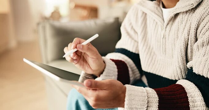 Man, hands and sketch in home with tablet, remote work and graphic designer for creative campaign. Person, stylus and tech in house with freelance job, online project or digital art for logo design