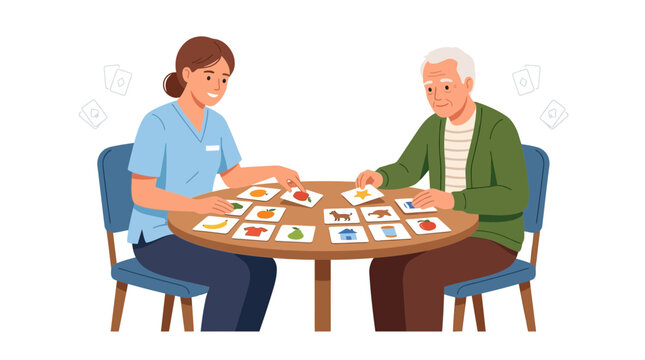 Nurse playing memory game with elderly man, cognitive stimulation and caregiving
