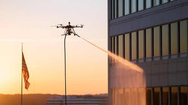 Industrial drone wash modern building glass window with high pressure water hose system at sunset sky background with office tower view