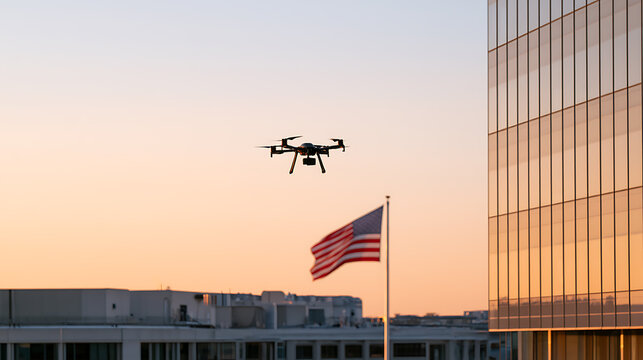 A commercial drone fly near a national flag and modern office building at sunset, capturing futuristic urban aerial photography and innovation