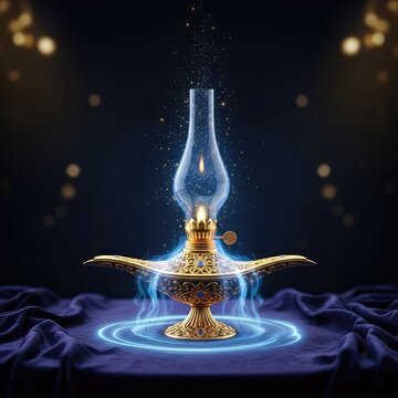 An ornate golden oil lamp sits on a velvet surface, emitting a soft mystical blue mist and glowing sparkles in a dark enchanted setting, light, gold, ancient