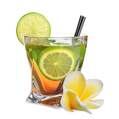 Tasty refreshing cocktail and plumeria flower on white background © New Africa