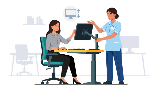 Nurse Adjusting Ergonomic Computer Monitor for Office Worker in Modern Workplace