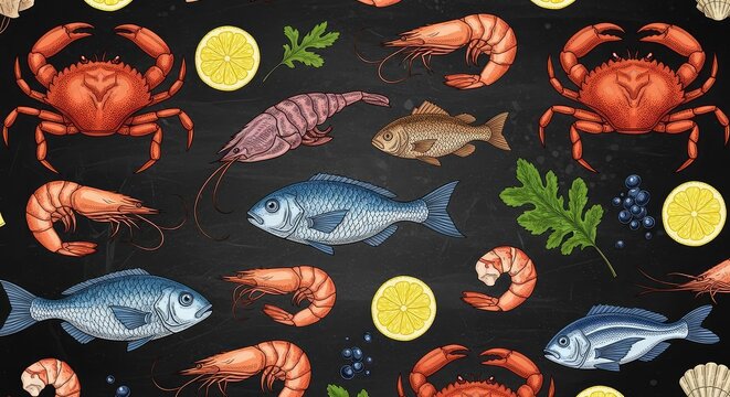 Elegant hand-drawn seafood pattern on a dark chalkboard texture featuring crabs, fish, shrimp, and lemon slices in a repeating layout, ingredient, kitchen, squid