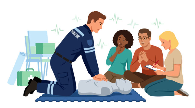 Paramedic teaches CPR to diverse group, emphasizing emergency medical training and life-saving skills