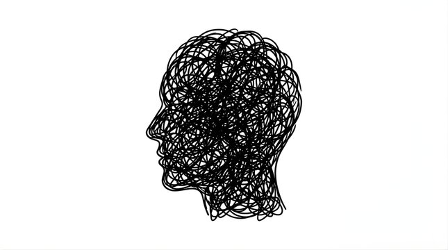 Human head silhouette filled with chaotic scribbles representing mental stress